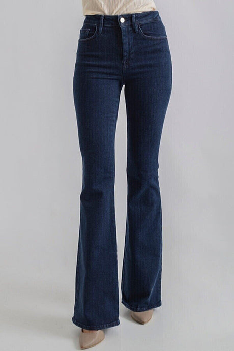 Ramrod Dark Blue Knitted Jeans Fade Flare Women's High Waist Power Lycra - Swordslife