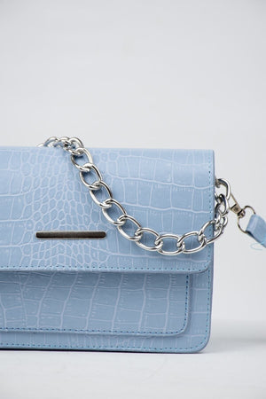 Babyblaue Clutch mit Krokodilmuster für Damen, Baguette-Kettenriemen
