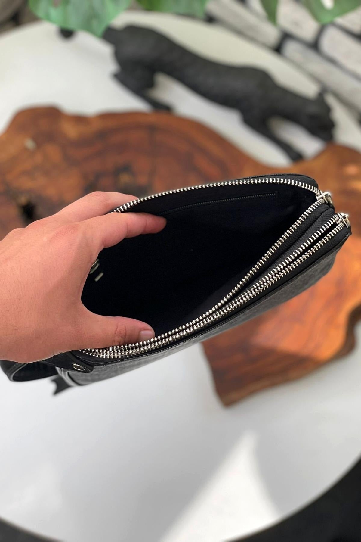 Genuine Leather Double Zipper Unisex Handbag