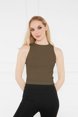 Women's Sax Khaki Halter Collar 2 Piece Crop Blouse - Swordslife