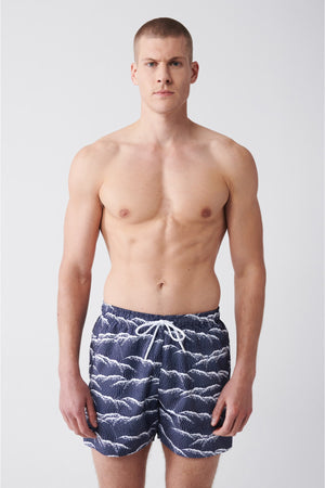 Men'S Navy Blue Quick Dry Printed Standard Size Swimwear Marine Shorts E003802