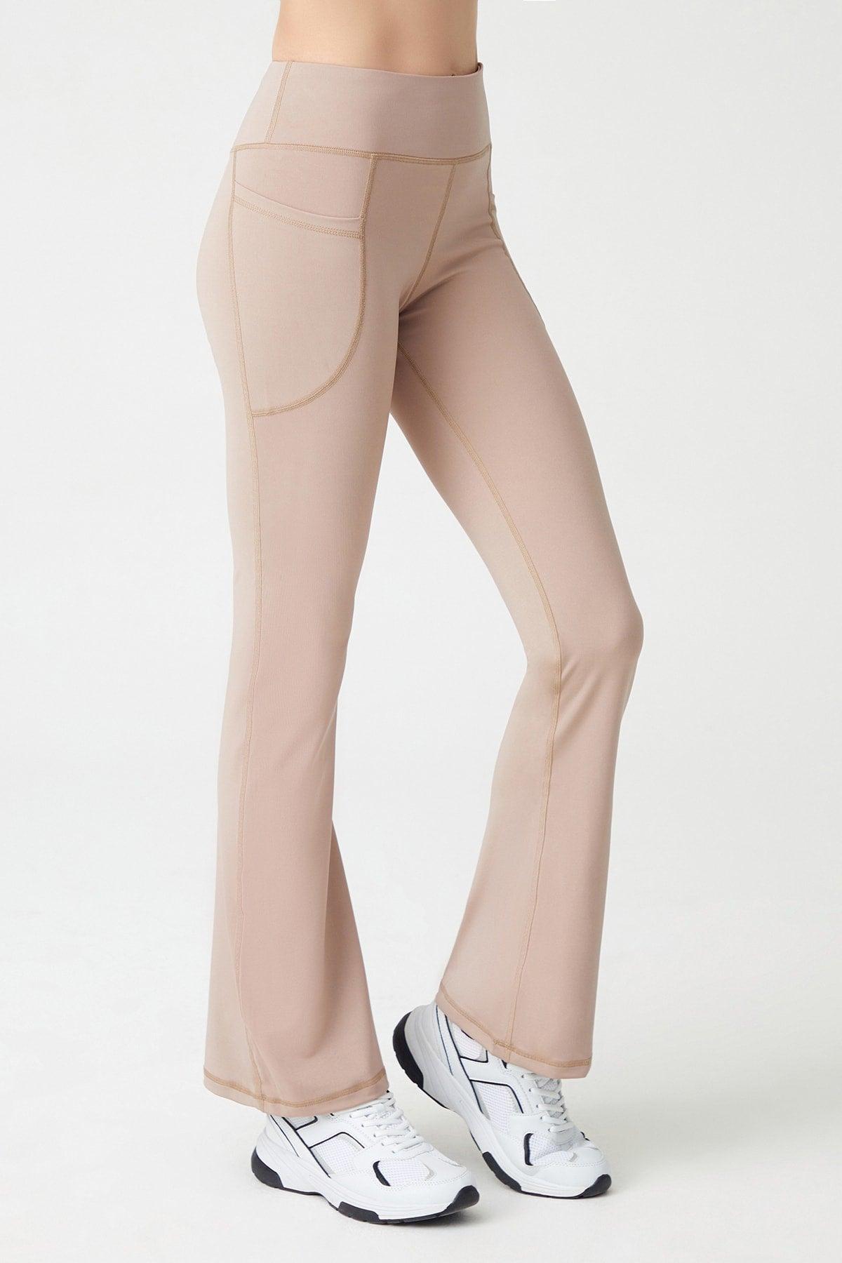 Women's Beige High Waist Lifter Double Pocket Spanish Leg Leggings Bootcut - Swordslife