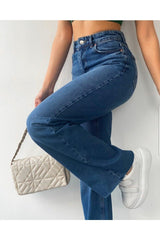 Dark Blue Loose Lycra Women's Super High Waist Wide Leg Denim Jeans Palazzo Pants - Swordslife