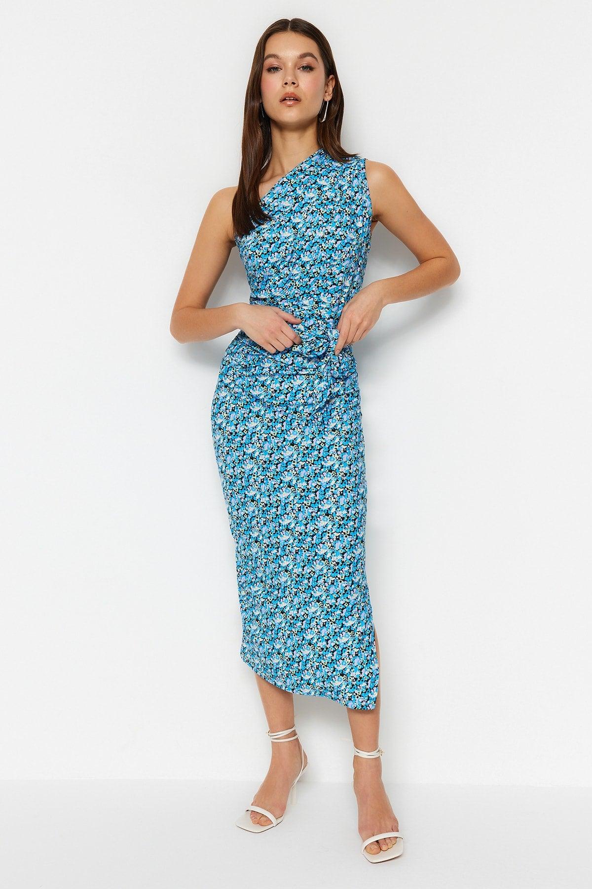 Blue Printed One-Shoulder Fitted One-Shoulder Knitted Dress - Swordslife