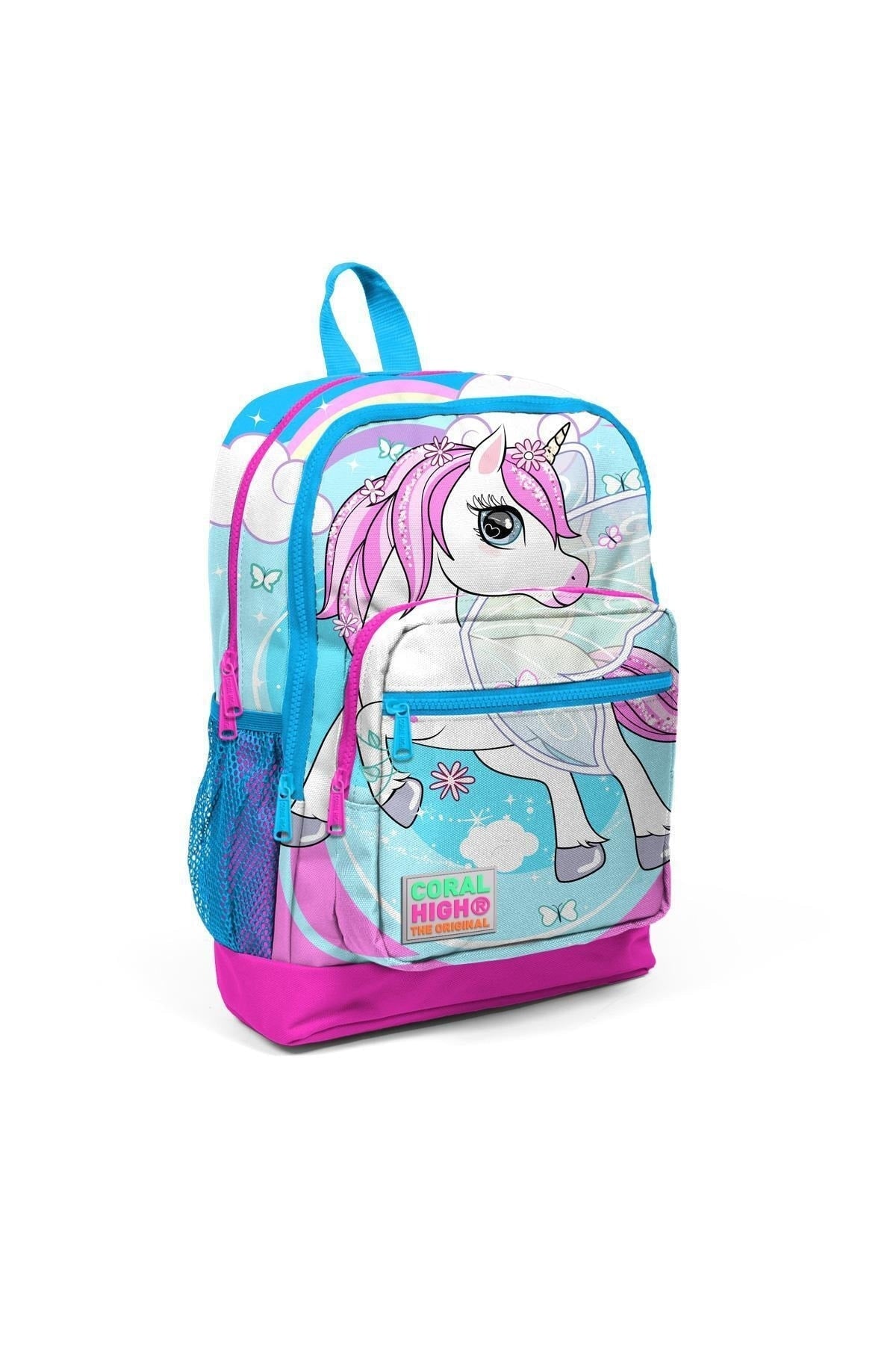 Kids Blue Neon Pink Unicorn Patterned Usb 3 Pcs School Bag Set Set0123811