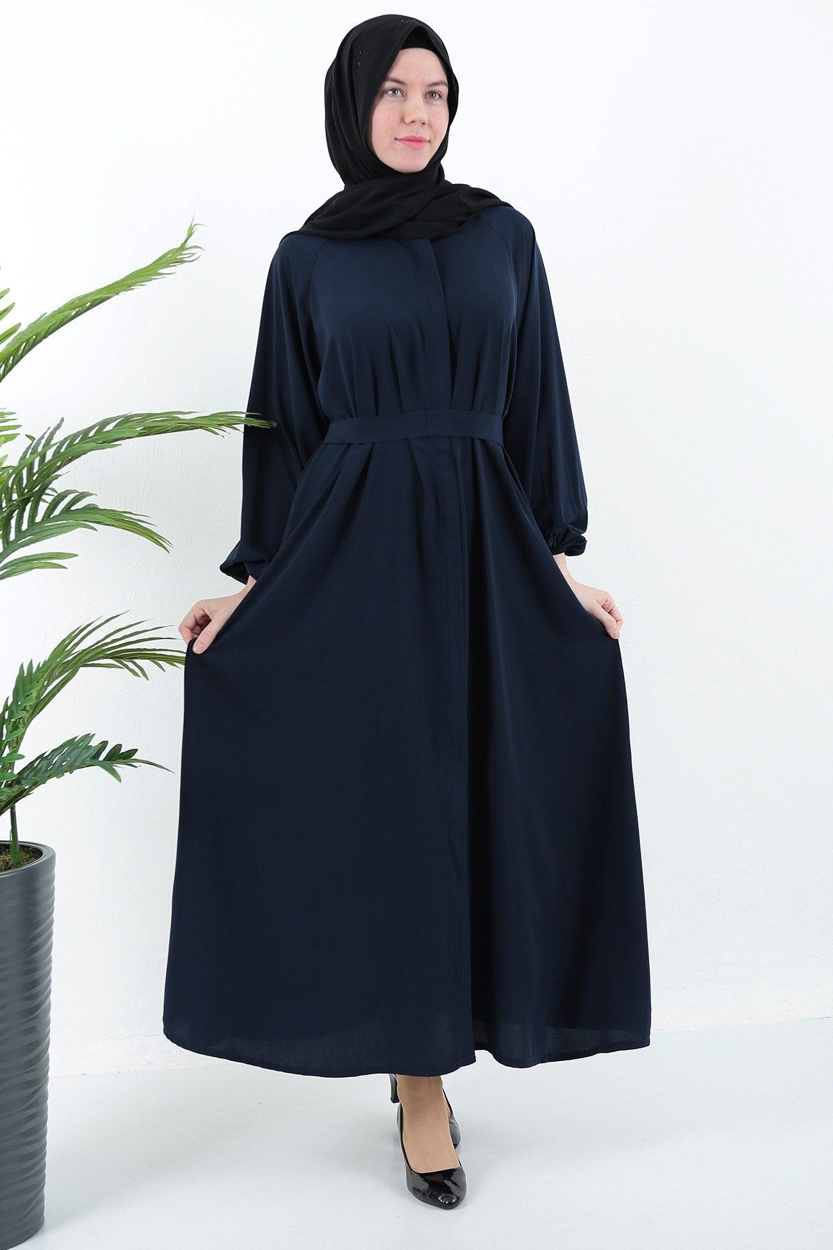 Navy Blue Zippered Belted Pocket Abaya Hijab - Swordslife