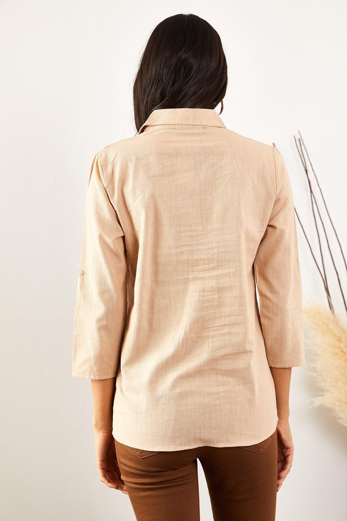 Women's Stone Sleeve Fold Linen Shirt - Swordslife