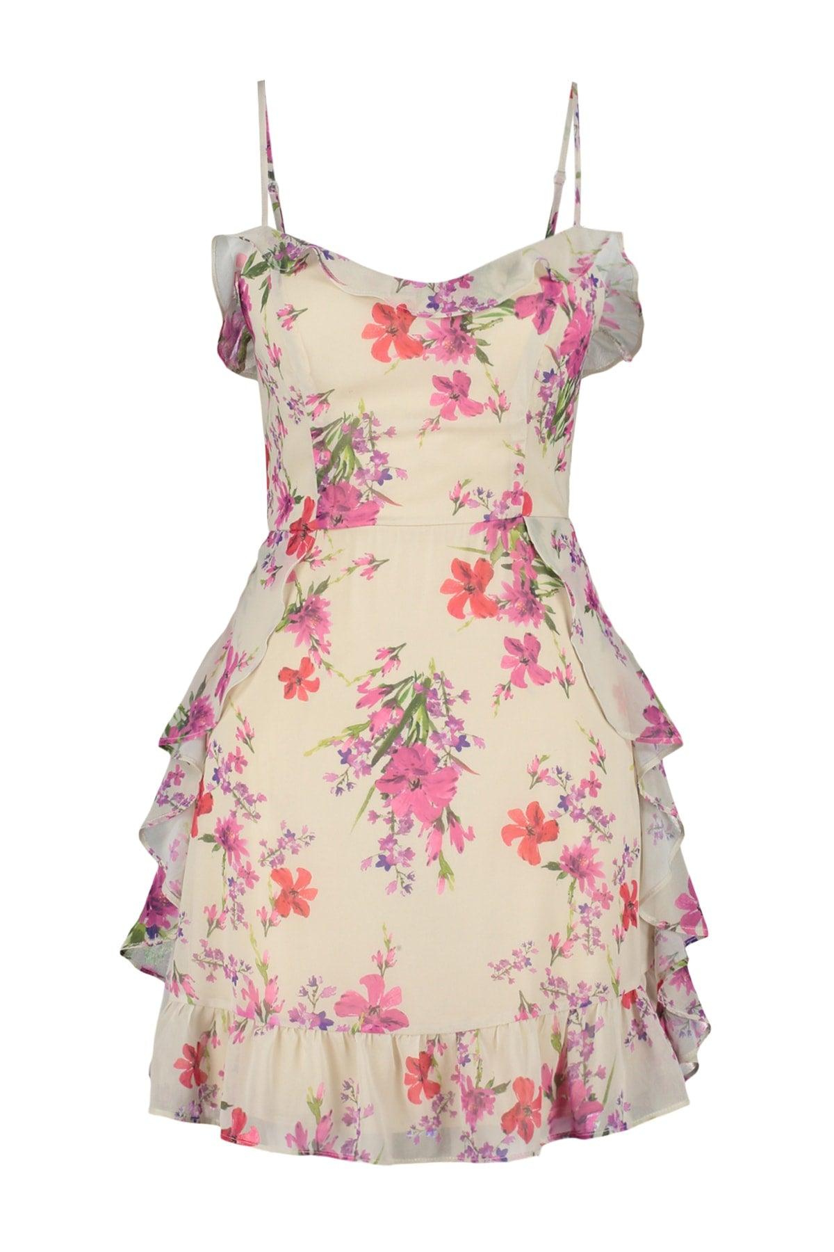 Beige A-Line Mini Woven Lined Flared Floral Dress TWOSS20EL1267 - Swordslife