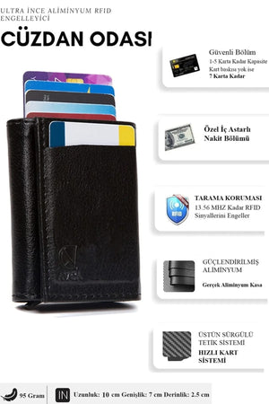 Men'S Vegan Leather Black Cash Money Compartment Sliding Mechanism Wallet Card Holder