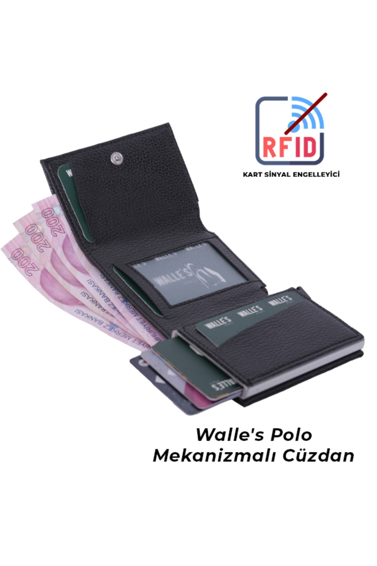 Men's Wallet-Card Holder With Dark Leather Slide Aluminum Mechanism Snap Fastener