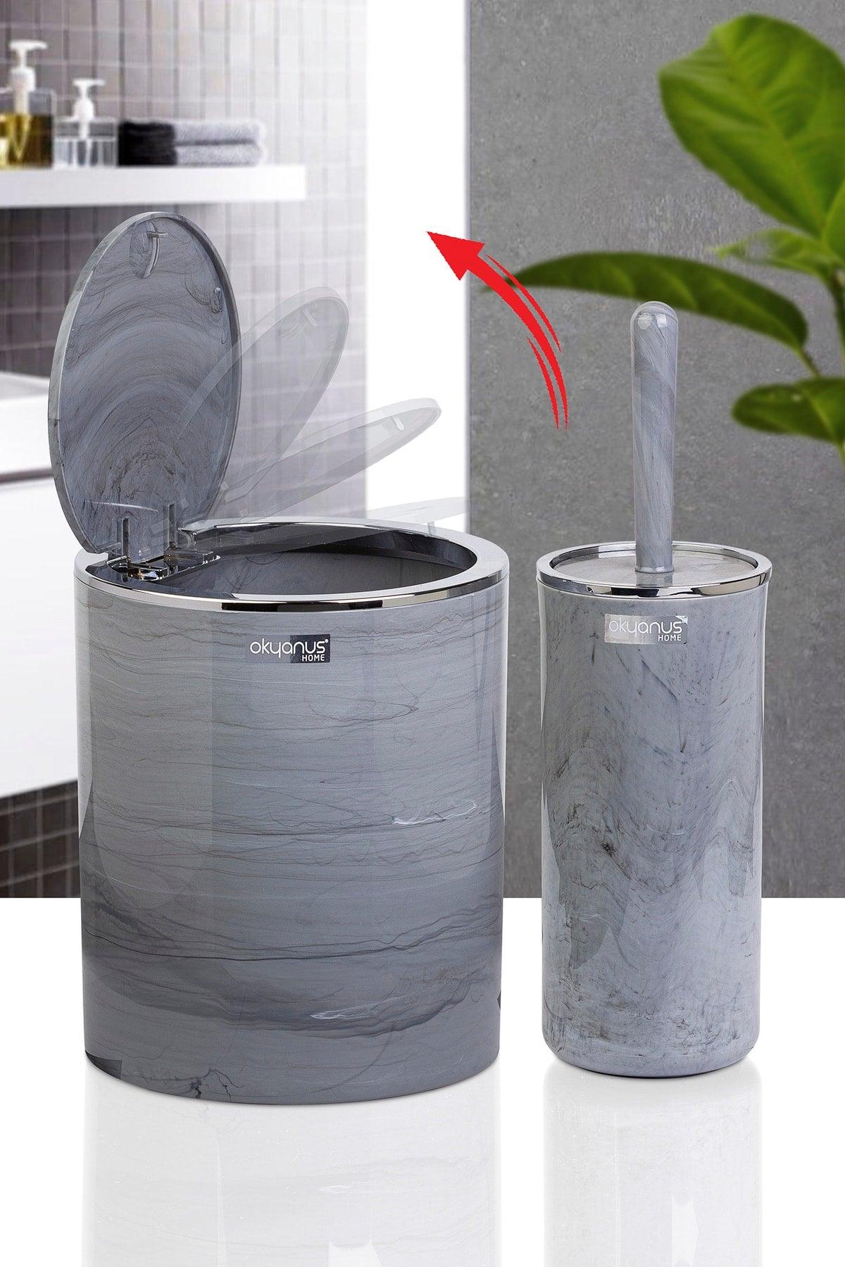 Chromed Round Marble Patterned 2-Wc Bucket And Brush Set - Swordslife