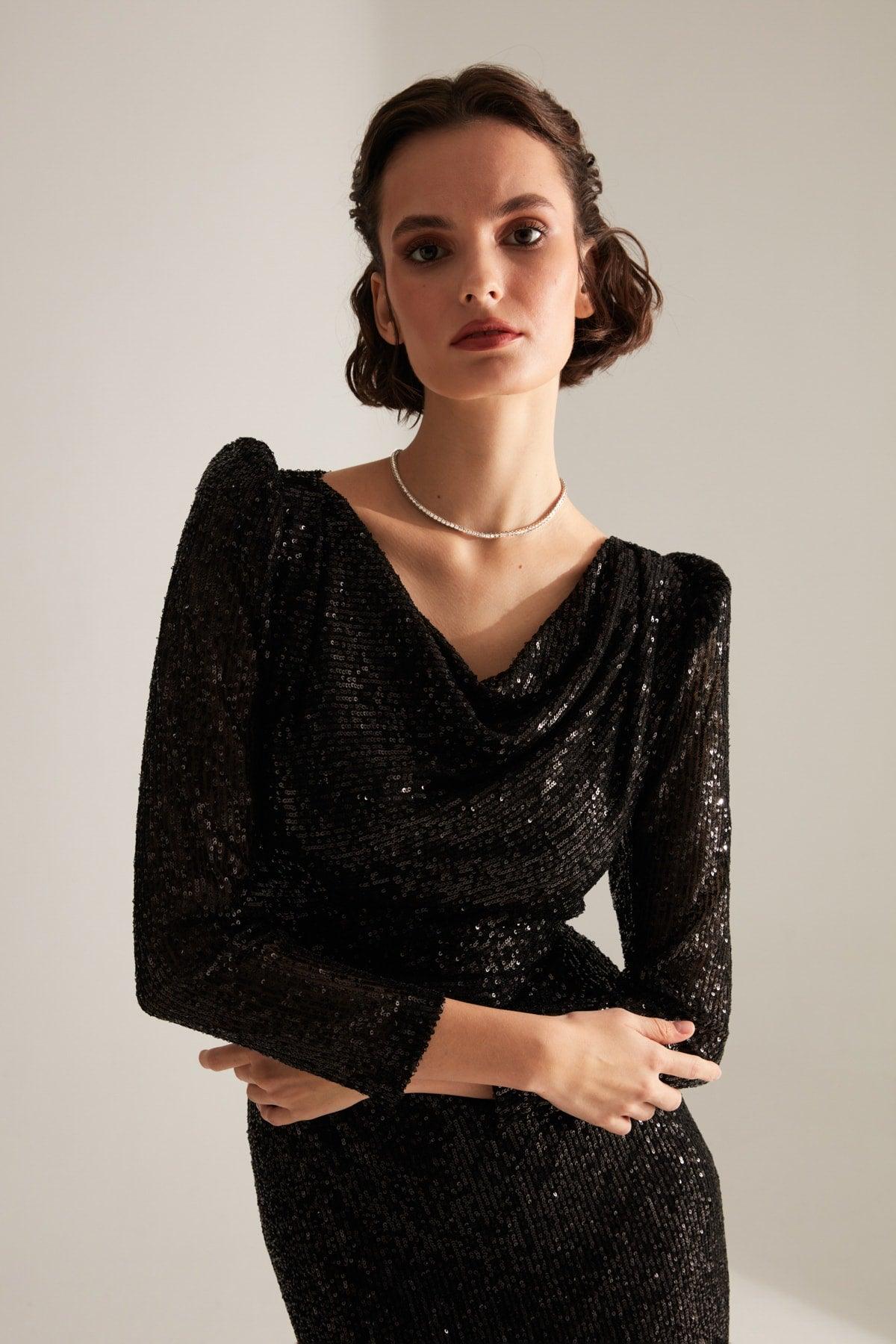 Degaje Collar Pencil Skirt Black Glitter Sequin Engagement Dress - Swordslife