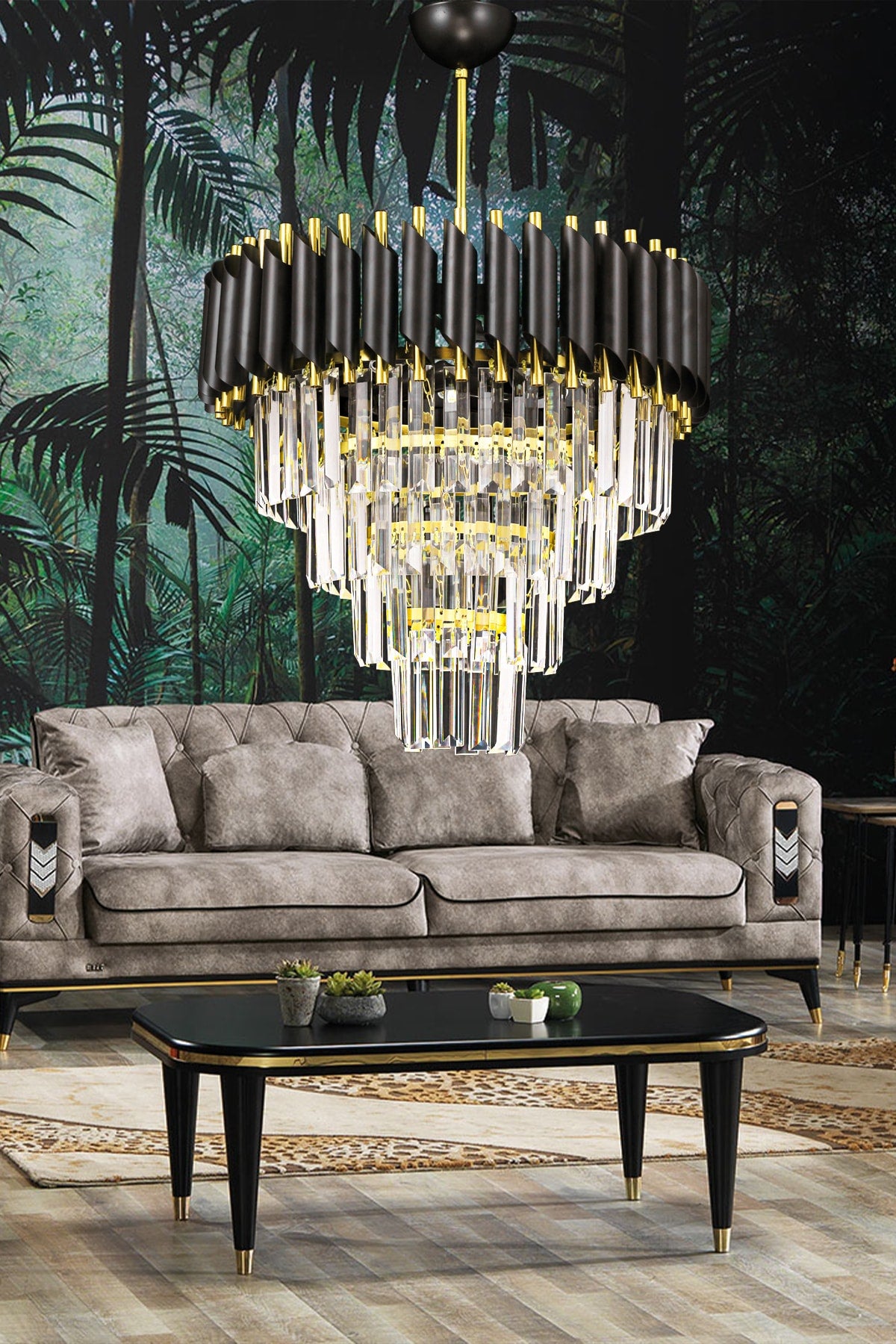 Palmira 45' Luxus-Kronleuchter aus Kristallstein – (Schwarz-Gold)