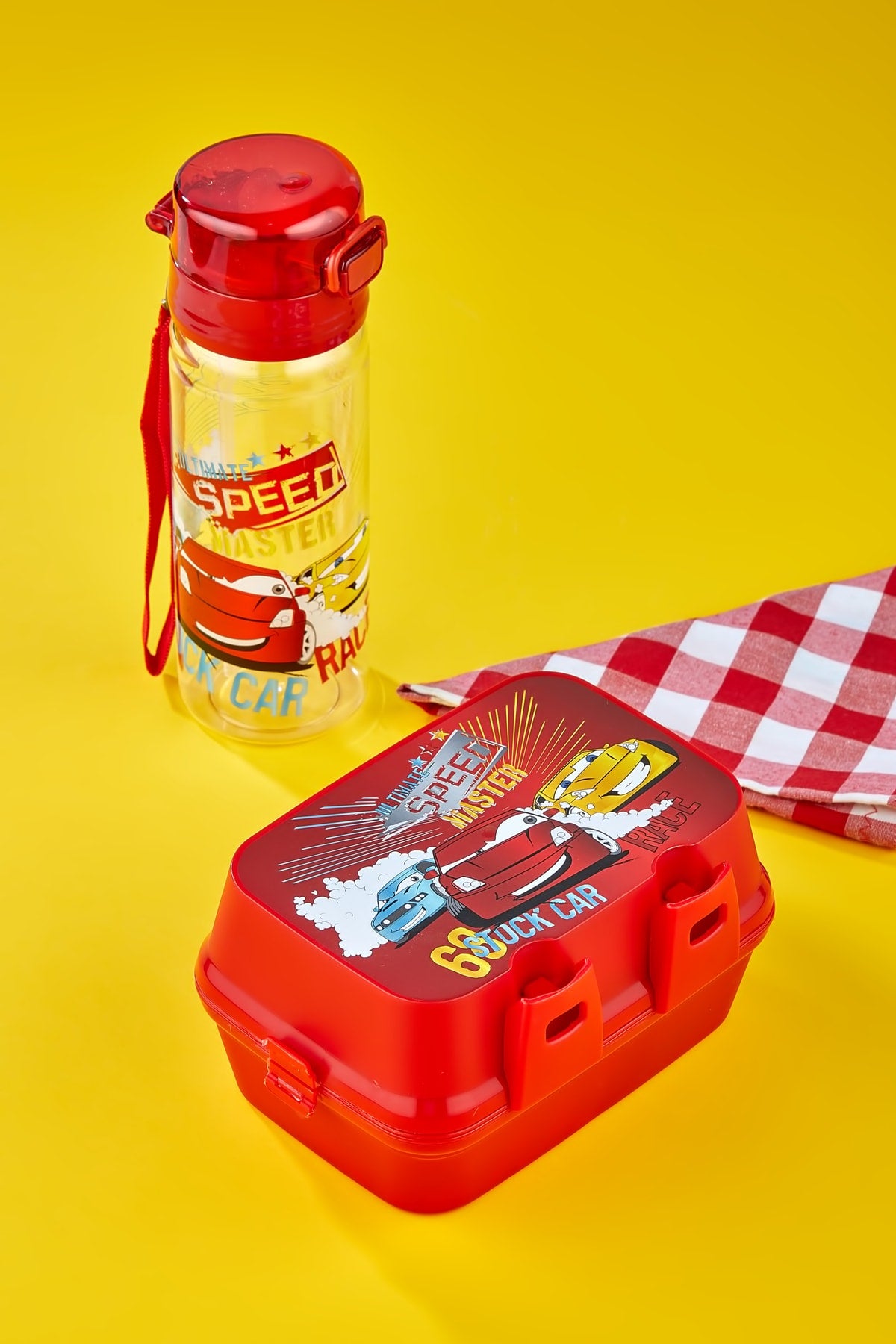 2-lagige Lunchbox mit 4 Fächern und Selbstlöffel und 500-ccm-Wasserflasche mit Strohhalmwagen