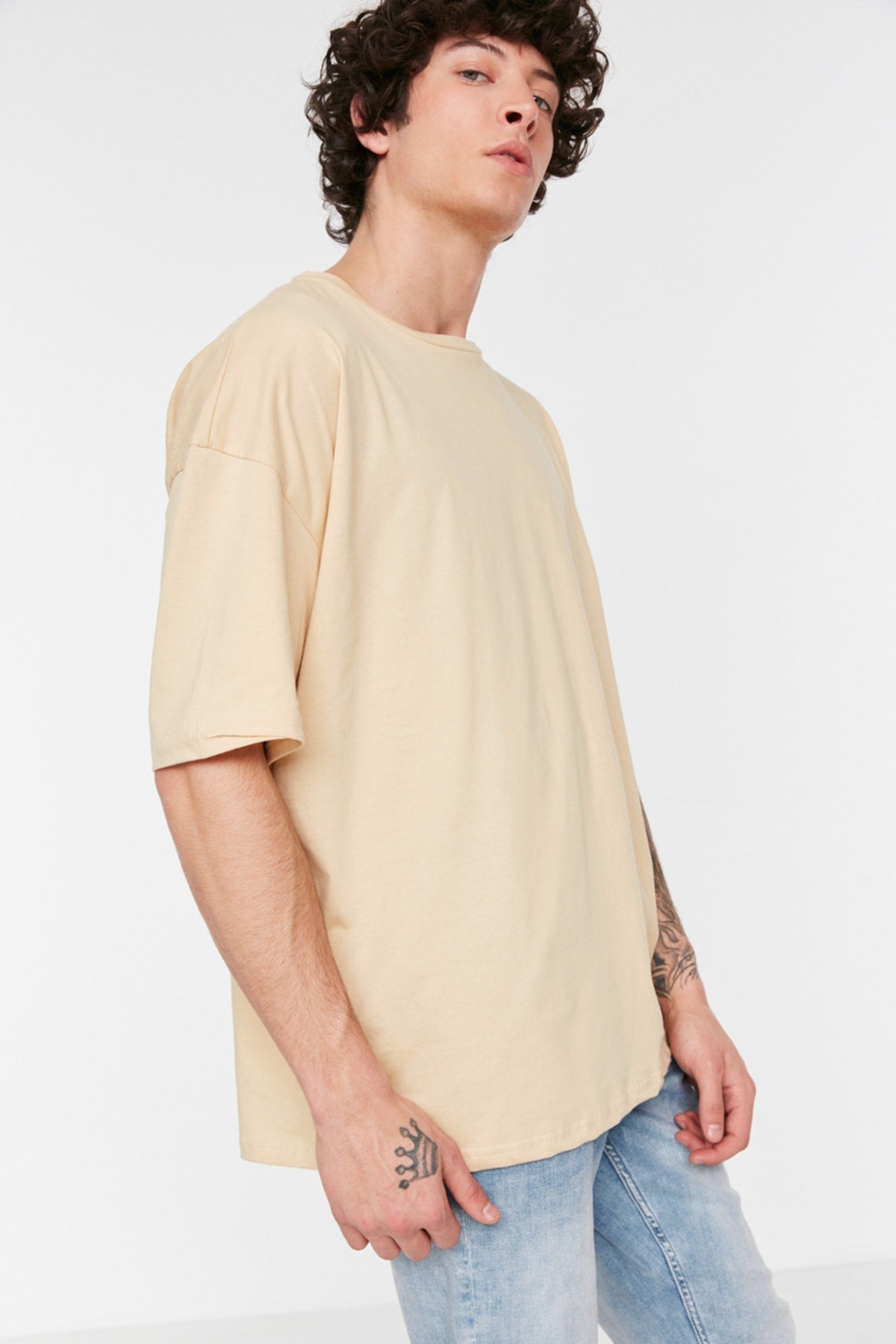 Beige Herren Basic 100% Baumwolle Rundhals Oversize Kurzarm T-Shirt Tmnss22Ts0318