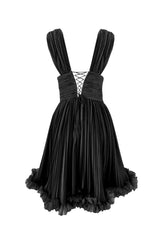 Lotus Black Pleated Chiffon Frilly Mini Dress - Swordslife