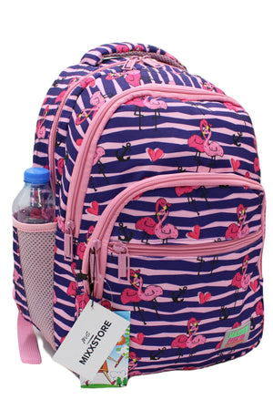 Flamingo gemusterter lilafarbener Master Pack-Rucksack für Mädchen, Grundschultasche mit Essens- und Bleistifthalter