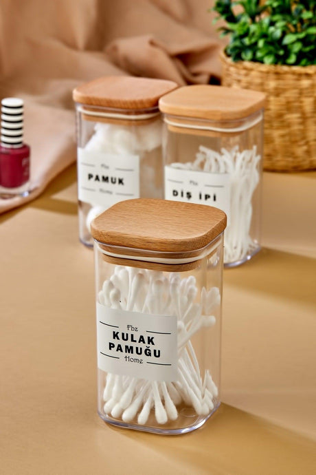 3 Pcs Wooden Cover Acrylic Cotton & Cotton & Dental Floss Organizer 250 Ml Bath Set - Swordslife