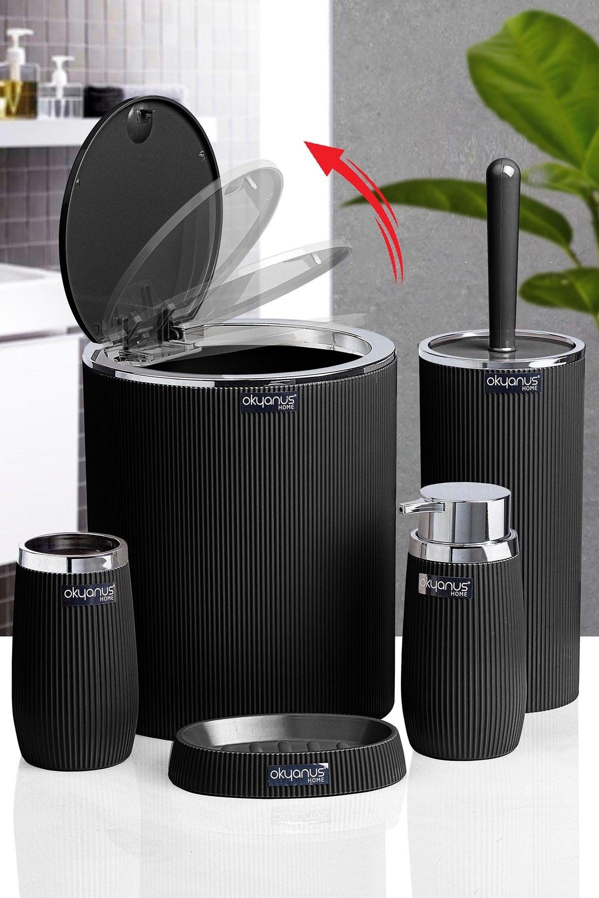 Black Chrome Striped Round 5 Piece Bathroom Set - Swordslife