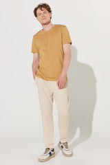Men's Mustard Slim Fit Slim Fit 100% Cotton Crew Neck Short Sleeved T-Shirt