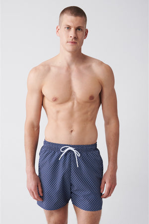 Men'S Navy - Blue Quick Dry Printed Standard Size Swimwear Marine Shorts E003802