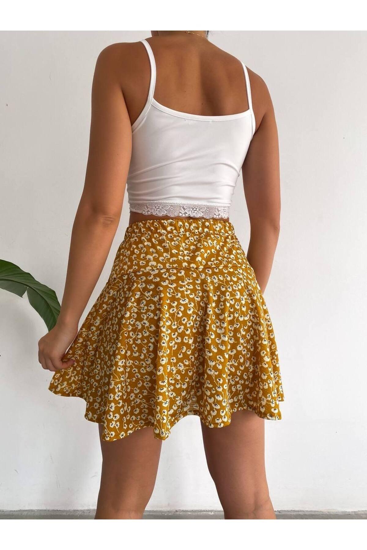 Flower Patterned Yellow Short Skirt - Swordslife