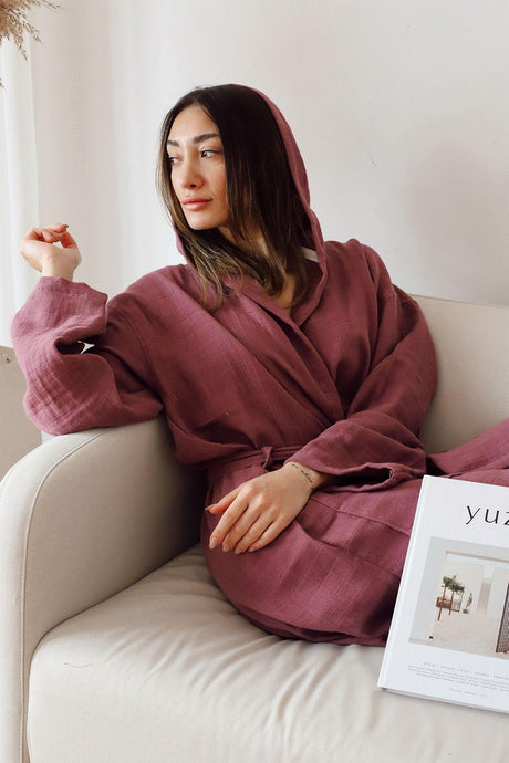 Adult Plain Muslin Bathrobe, Special Design 100% Cotton 2 Layer Hooded Claret Red - Swordslife