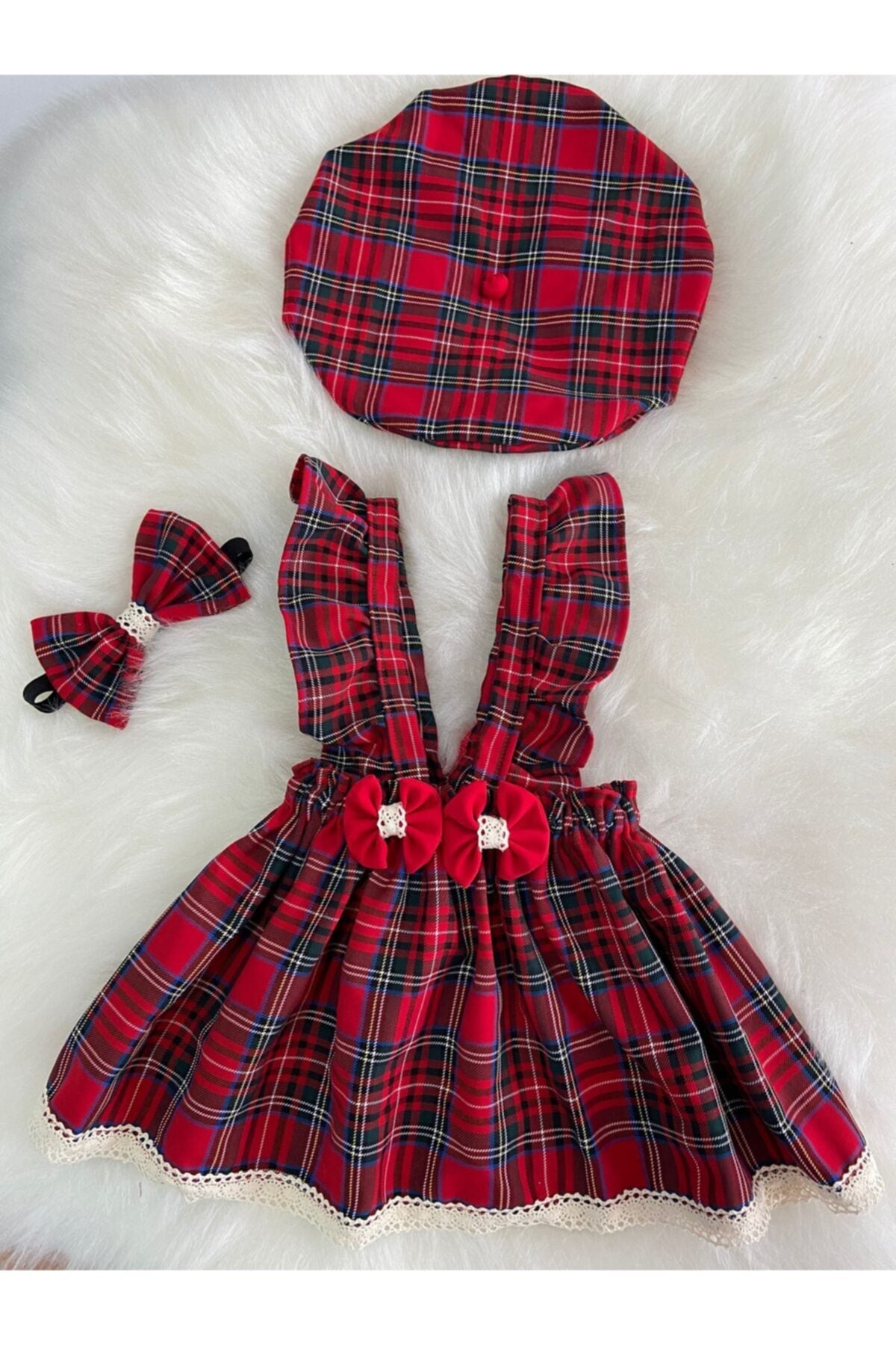 Baby Girl Lacy Red Plaid Dress Bandana Hat Set