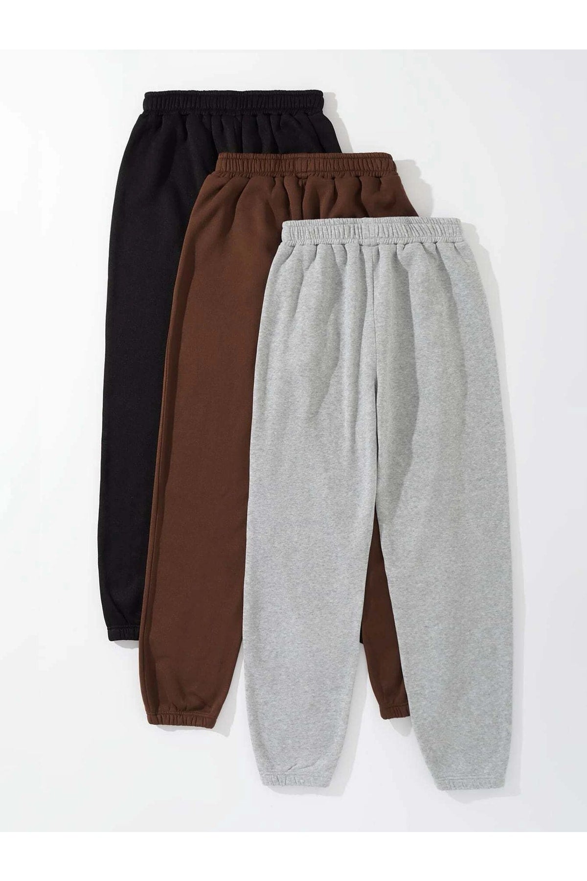 3er-Pack Jogger-Sweatpants mit minimalem Aufdruck – Schwarz, Grau und Braun, elastisches Bein, hohe Taille, Sommer