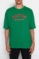 Green Men's Oversize Crew Neck Short Sleeve City Printed 100% Cotton T-Shirt TMNSS21TS1217
