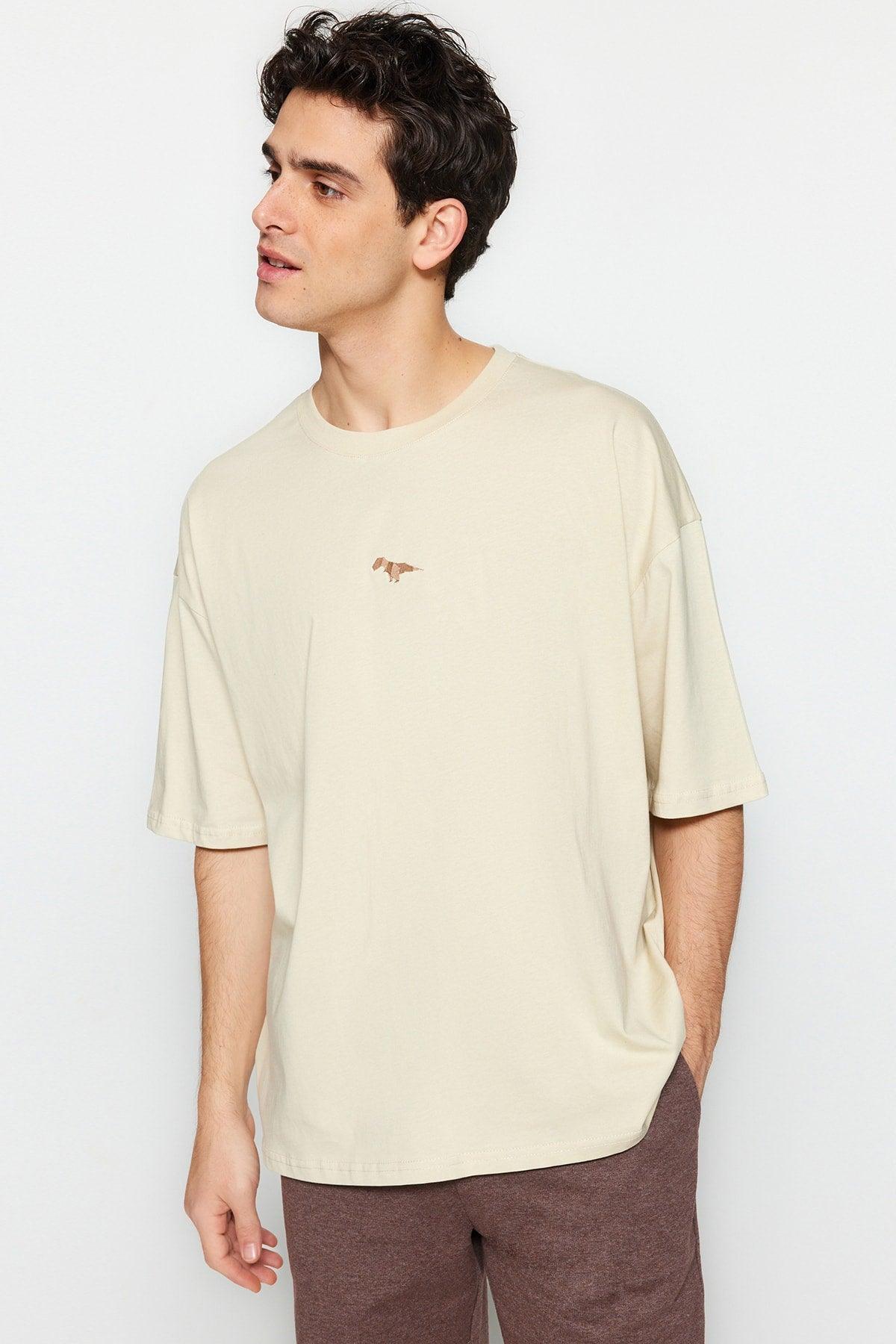 Stone Men's Oversize Fit Cycling Collar Short Sleeve Dinosaur Embroidered 100% Cotton T-Shirt TMNSS23TS00243 - Swordslife
