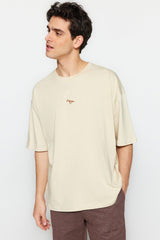 Stone Men's Oversize Fit Cycling Collar Short Sleeve Dinosaur Embroidered 100% Cotton T-Shirt TMNSS23TS00243 - Swordslife