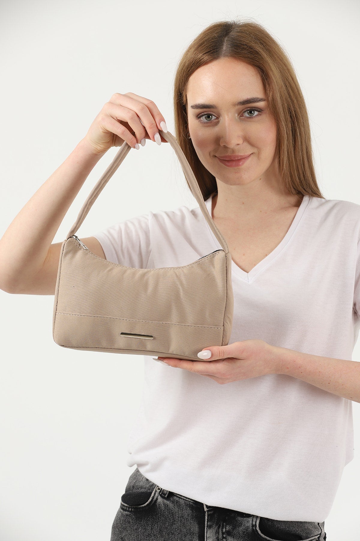 Mink U26 Single Zipper Section Canvas Fabric Women'S Daily Baguette Hand And Shoulder Bag U:13 E:25 G:6