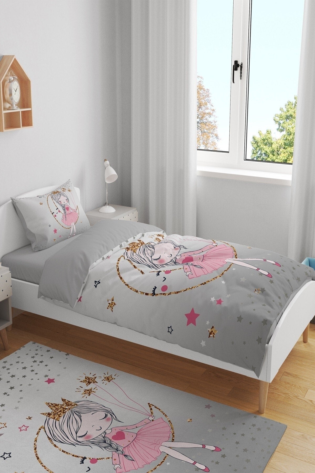 Gray Star Moon Princess Patterned Single Baby Kids Duvet Cover Set