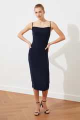 Navy Blue Fitted Degajee Collar Midi Strap Stretchy Knitted Midi Dress TWOSS19AD0020 - Swordslife