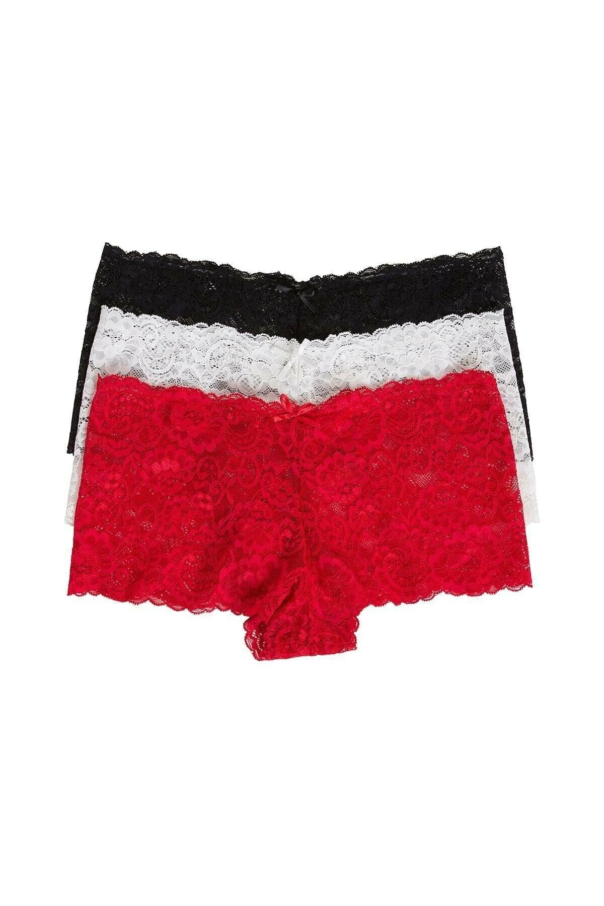 Women's Black White Red 3-Pack Lace Thong Shorts Panties - Swordslife