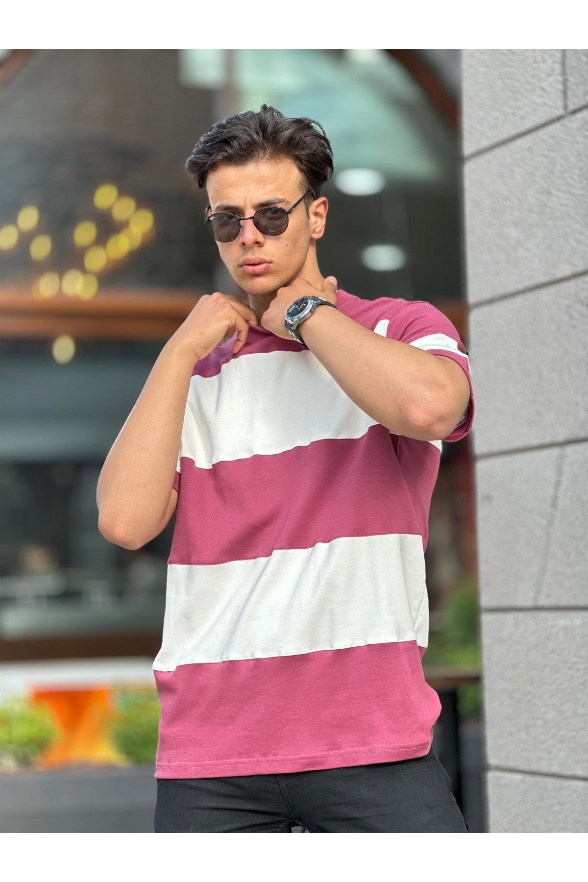 Two Color Short Sleeve T-Shirt Oversize-Fuchsia-White
