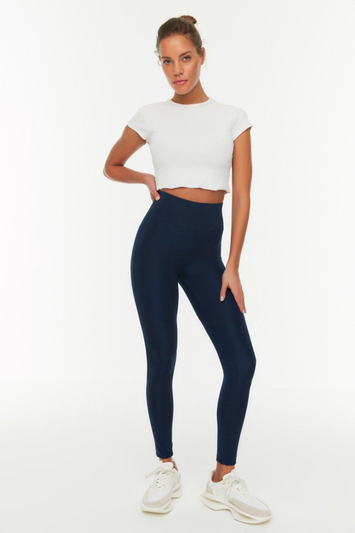 Navy Blue Full Length Sports Tights with Push-Up TWOAW21TA0030 - Swordslife