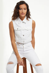 Women's White Color Front Buttoned Zero Sleeve Jean Vest - Swordslife
