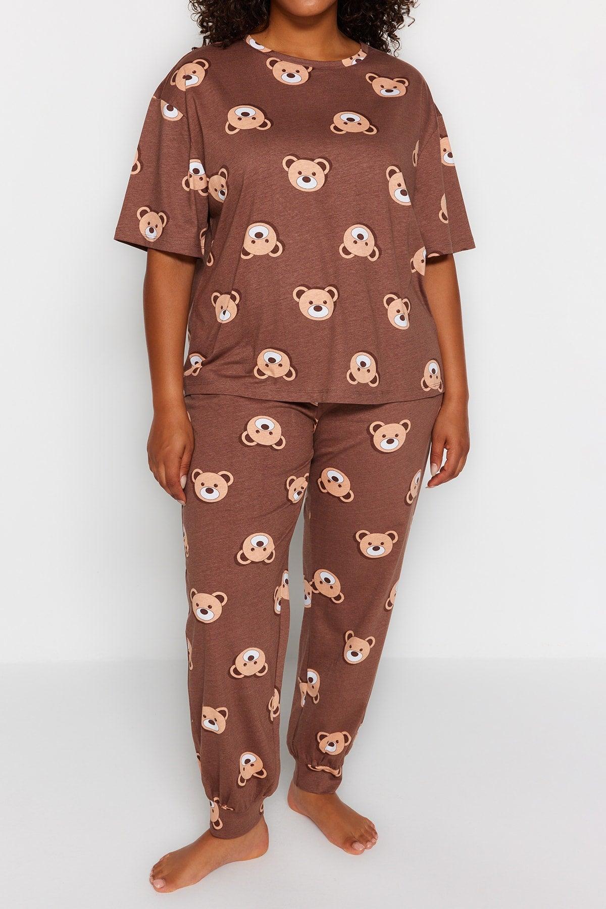 Brown Teddy Bear Pattern Knitted Pajamas Set TBBAW23AI00039 - Swordslife