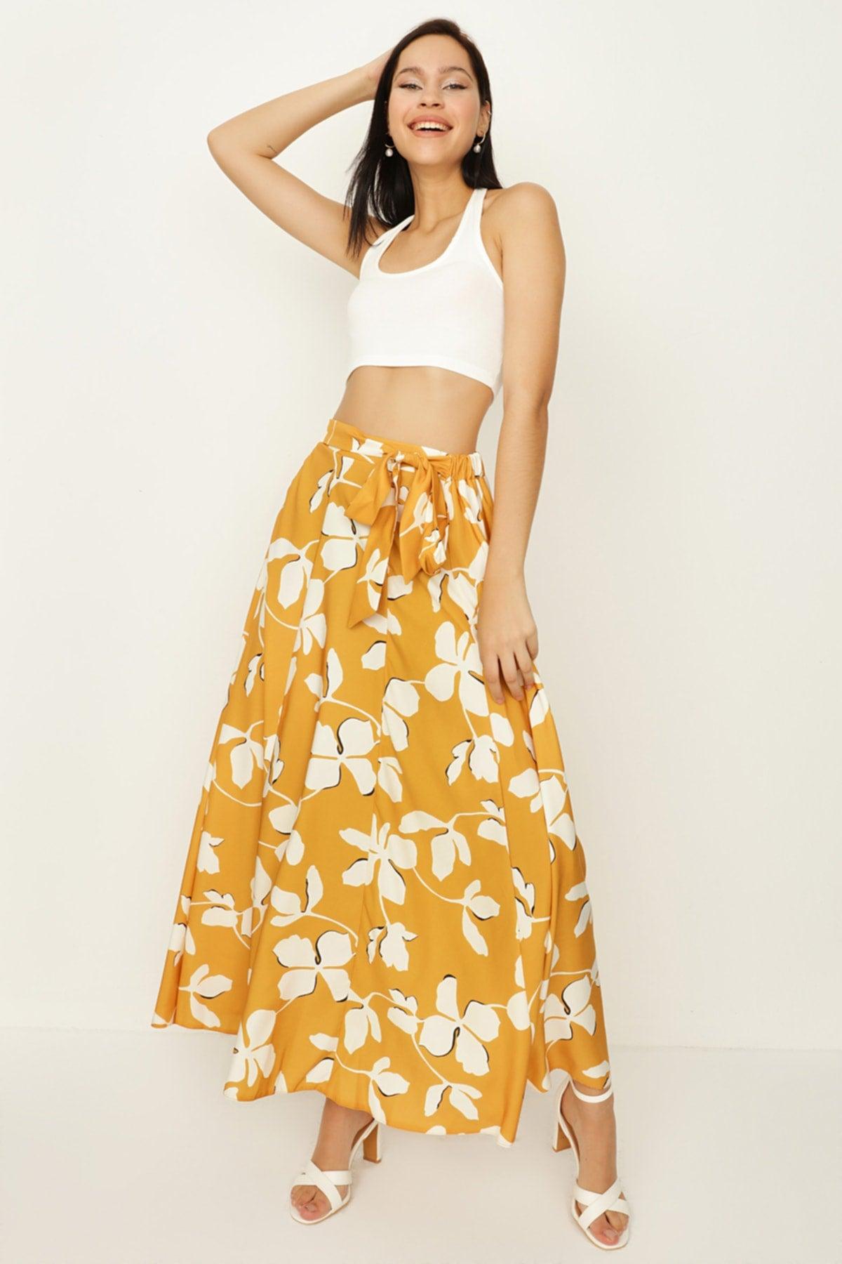 Women's Mustard Patterned Belted Ruffle Long Skirt - Swordslife