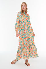 Orange Floral Half Pat Skirt Frilly Wide Pattern Woven Dress TCTSS21EL3353 - Swordslife