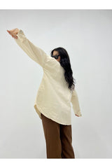 Women's Cream Oversize Fit Gabardine Shirt Jacket III Ecru Tunic - Swordslife