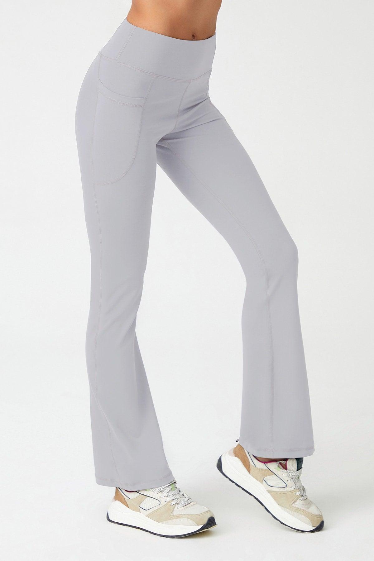 Women's Gray High Waist Gatherer Double Pocket Flared Leg Leggings Bootcut - Swordslife
