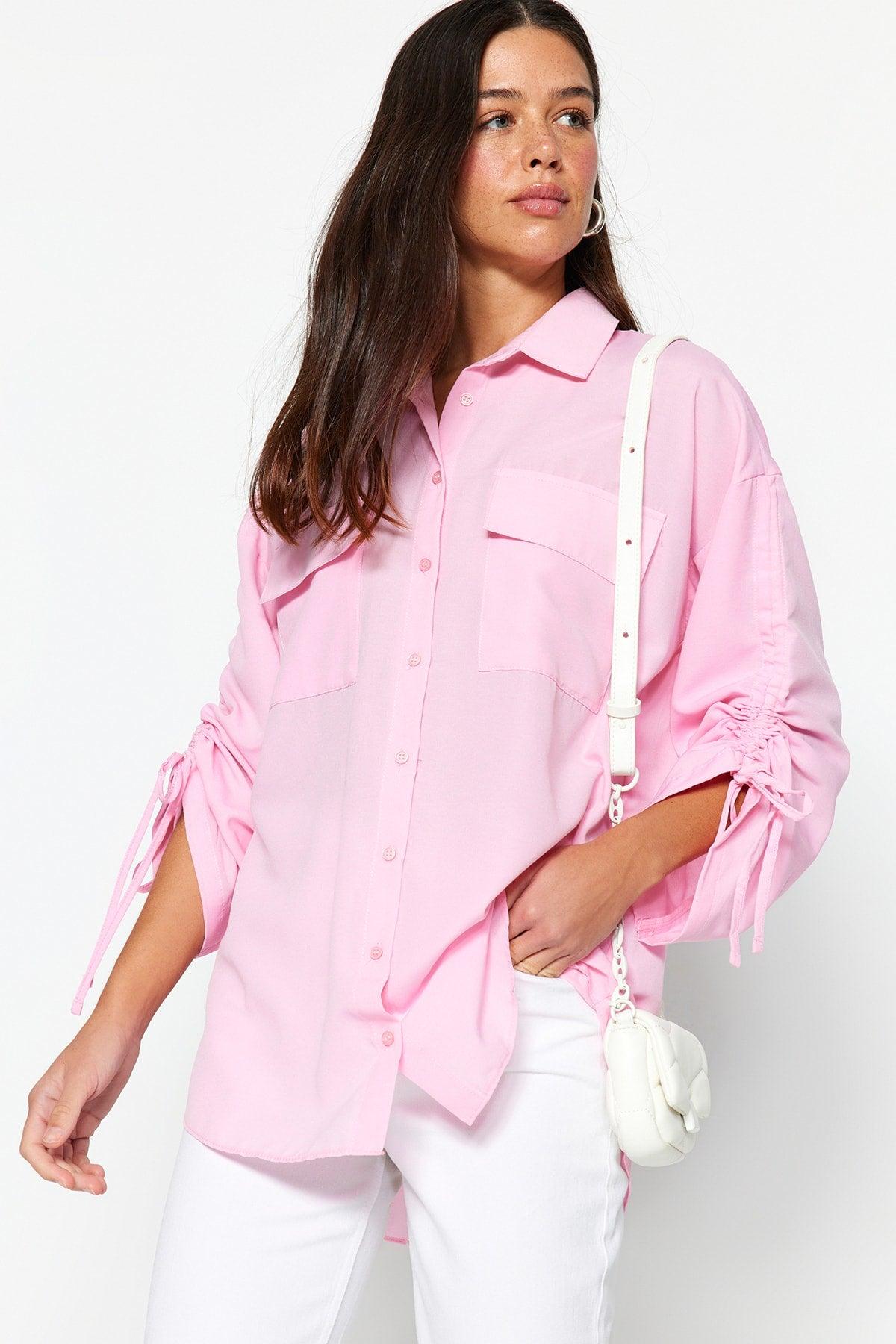 Light Pink Sleeves Adjustable Ruffle Detailed Woven Cotton Shirt TCTSS23TG00011 - Swordslife