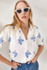 Women's Floral Navy Blue Sleeve Fold Linen Shirt GML-19000825 - Swordslife