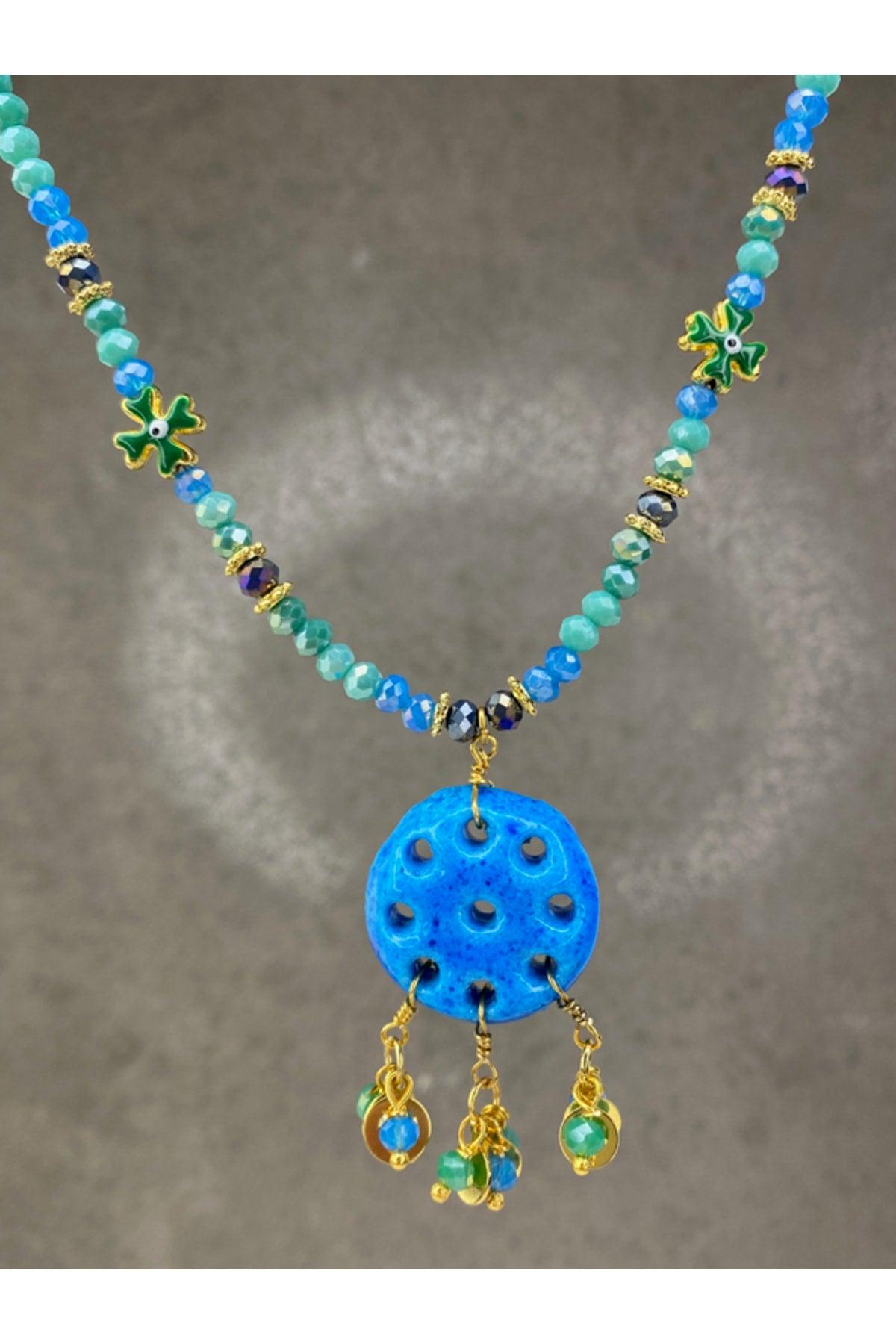 Assyrian Evil Eye Beaded Necklace with Clover - Swordslife