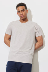 Men's Beige Melange Cotton Slim Fit Slim Fit Crew Neck Short Sleeved T-Shirt