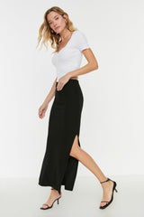 Black Slit Detailed Fitted High Waist Ribbed Flexible Maxi Knitted Skirt TWOSS22ET0449 - Swordslife
