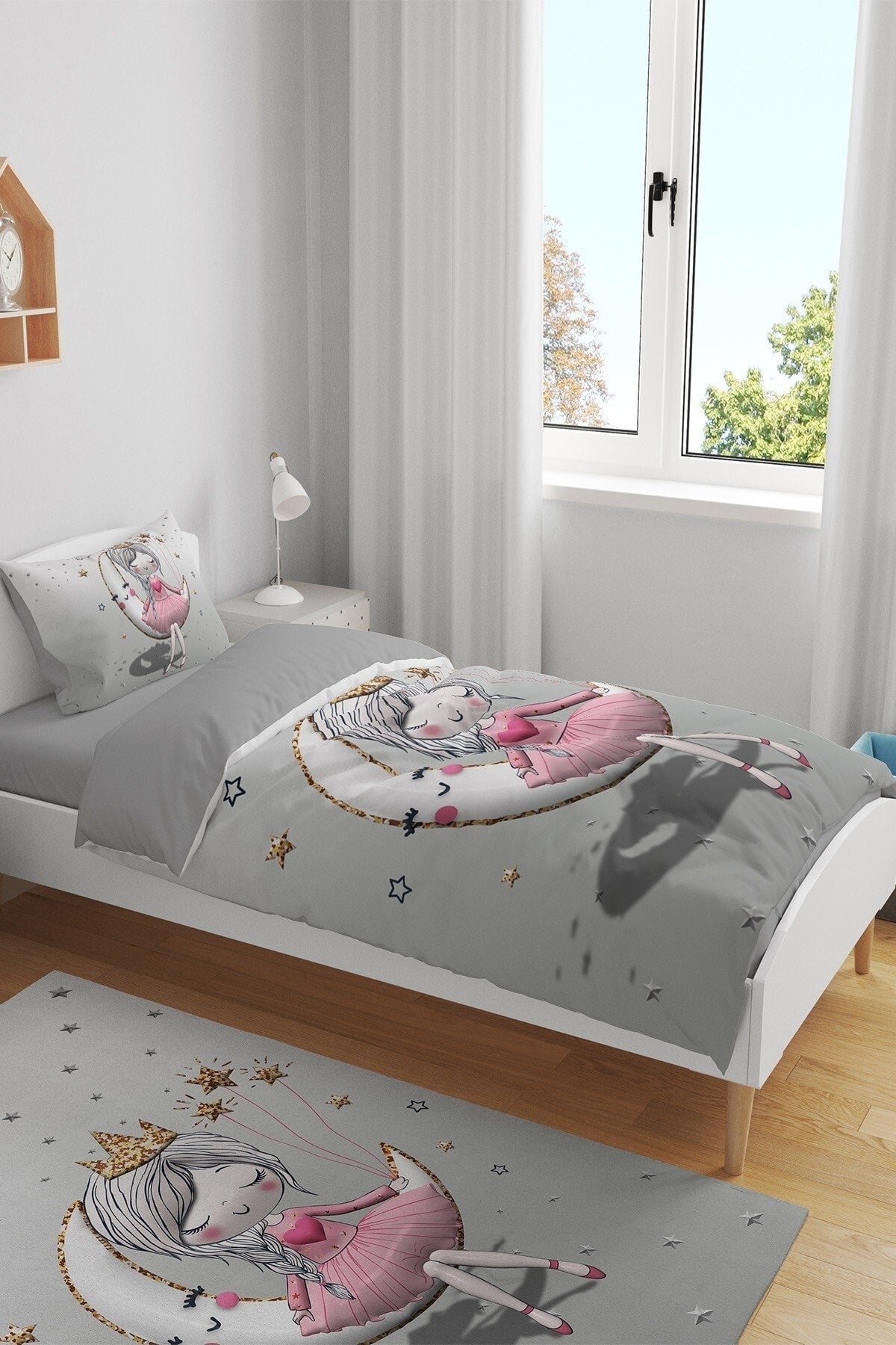 3D Gray Moon Sitting Princess Patterned Single Baby Child Duvet Cover Set
